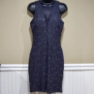 Nightway Womens Dark Blue Sequined Lace Illusion Neck Cocktail Sheath Dress Sz 8